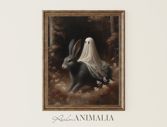 Little Ghost Riding On Rabbit Art Print Halloween Wall Art Whimsical Ghost Painting Moody Fall Cottagecore Art Prints Gh144