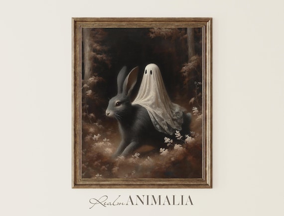 Little Ghost Riding Rabbit Moody Dark Forest Whimsical Halloween Wall Poster