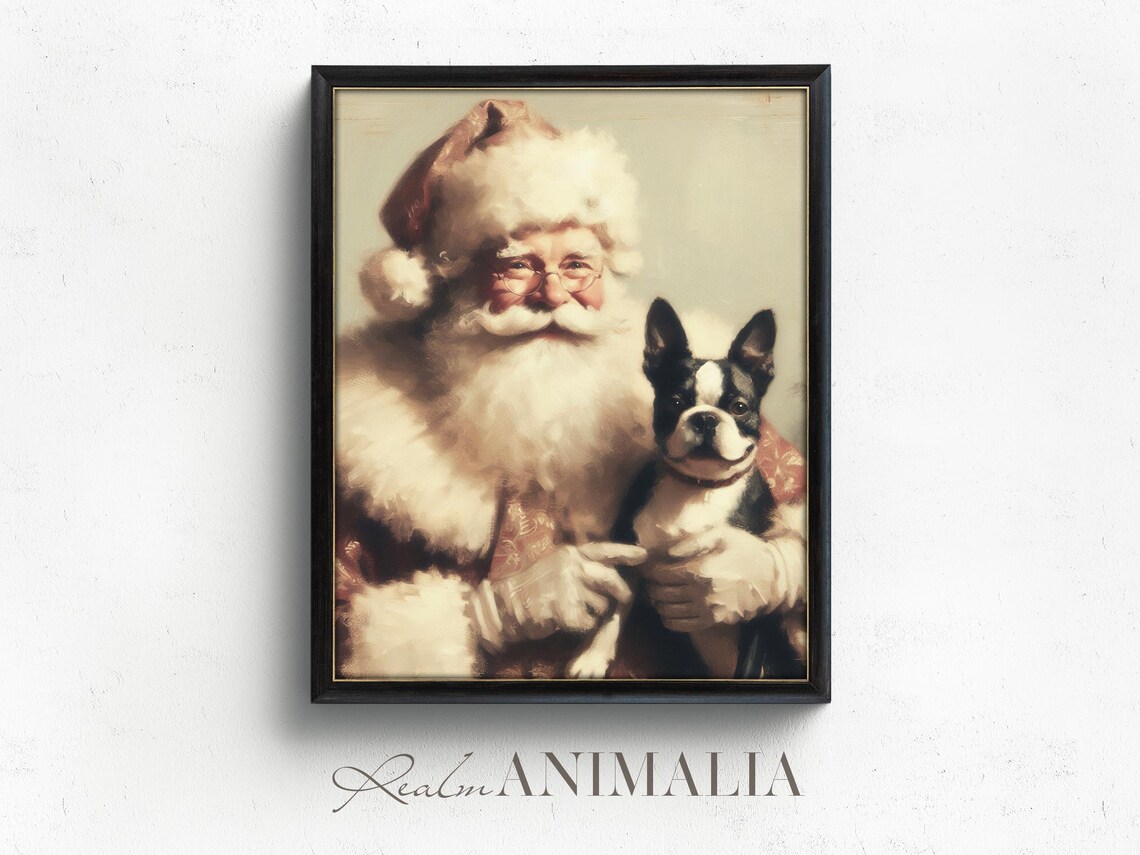 Santa With Boston Terrier Portrait Art Print Christmas Wall Art Festive Santa With Pet Dog Painting Dog Lover Xmas Decor Wh138 - Image 4
