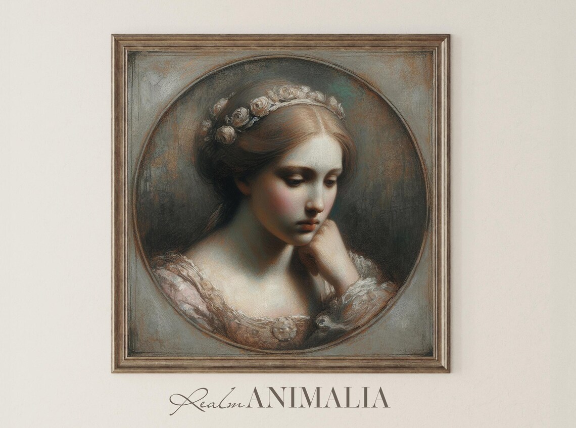 Vintage Woman Pastel Portrait Circular Floral Crown Melancholy Art Print