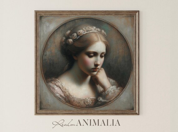 Female Portrait Pastel Sketch Square Art Print Moody Neutral Wall Art Spring Home Decor Vintage Victorian Woman Drawing Hu012