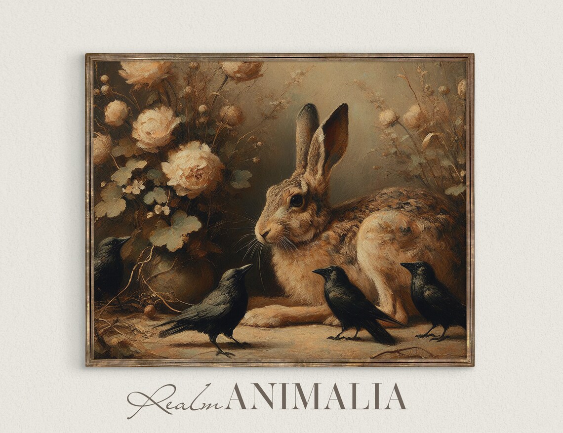 Rabbit and Crows Vintage Wildlife Art Print