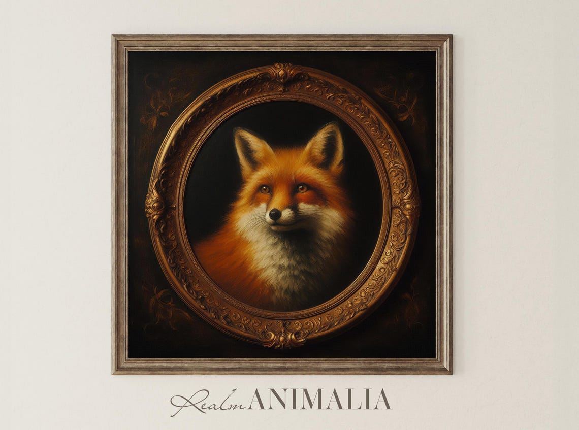 Red Fox Portrait In Ornate Gold Oval Frame Dark Moody Wall Art - Image 2