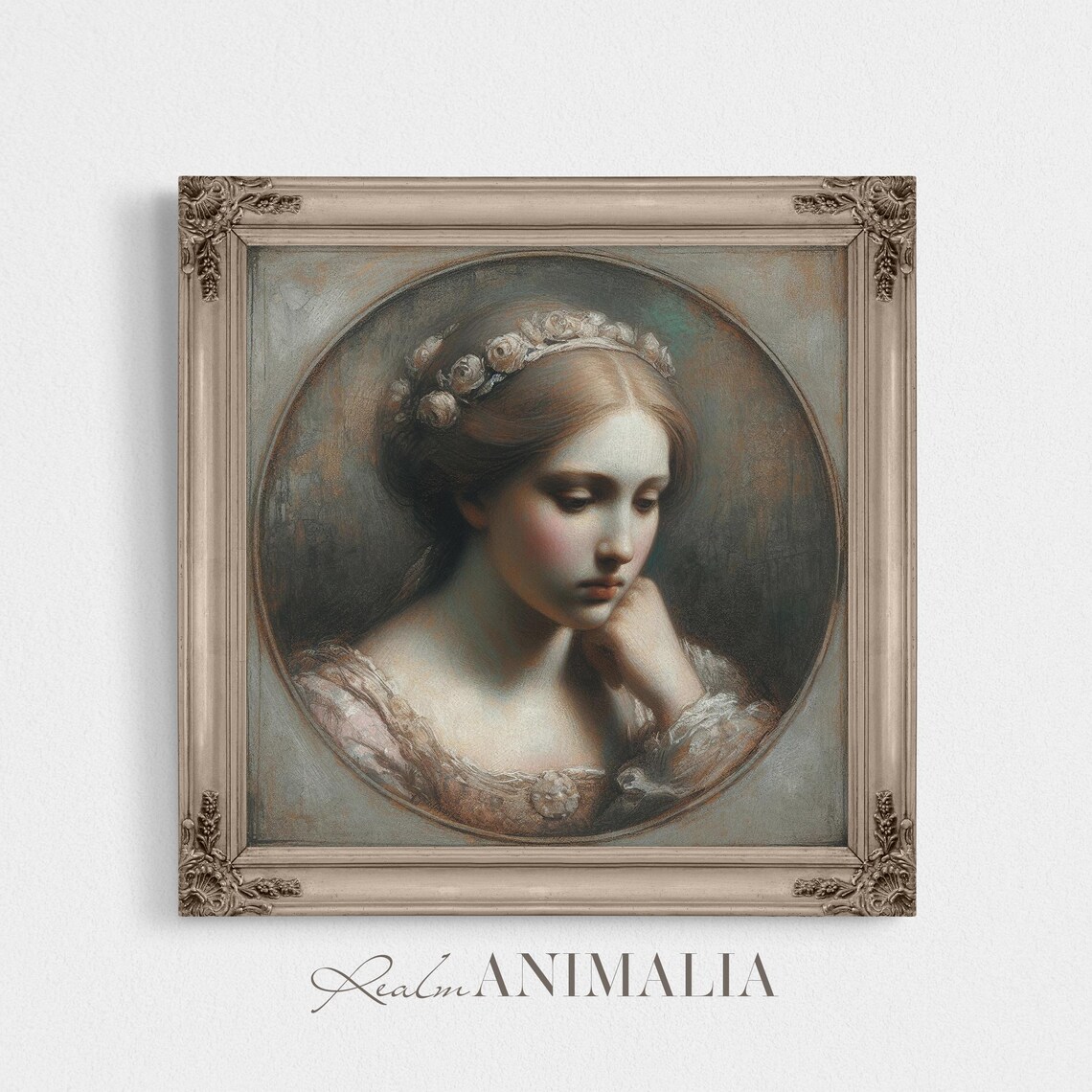 Vintage Woman Pastel Portrait Circular Floral Crown Melancholy Art Print - Image 4