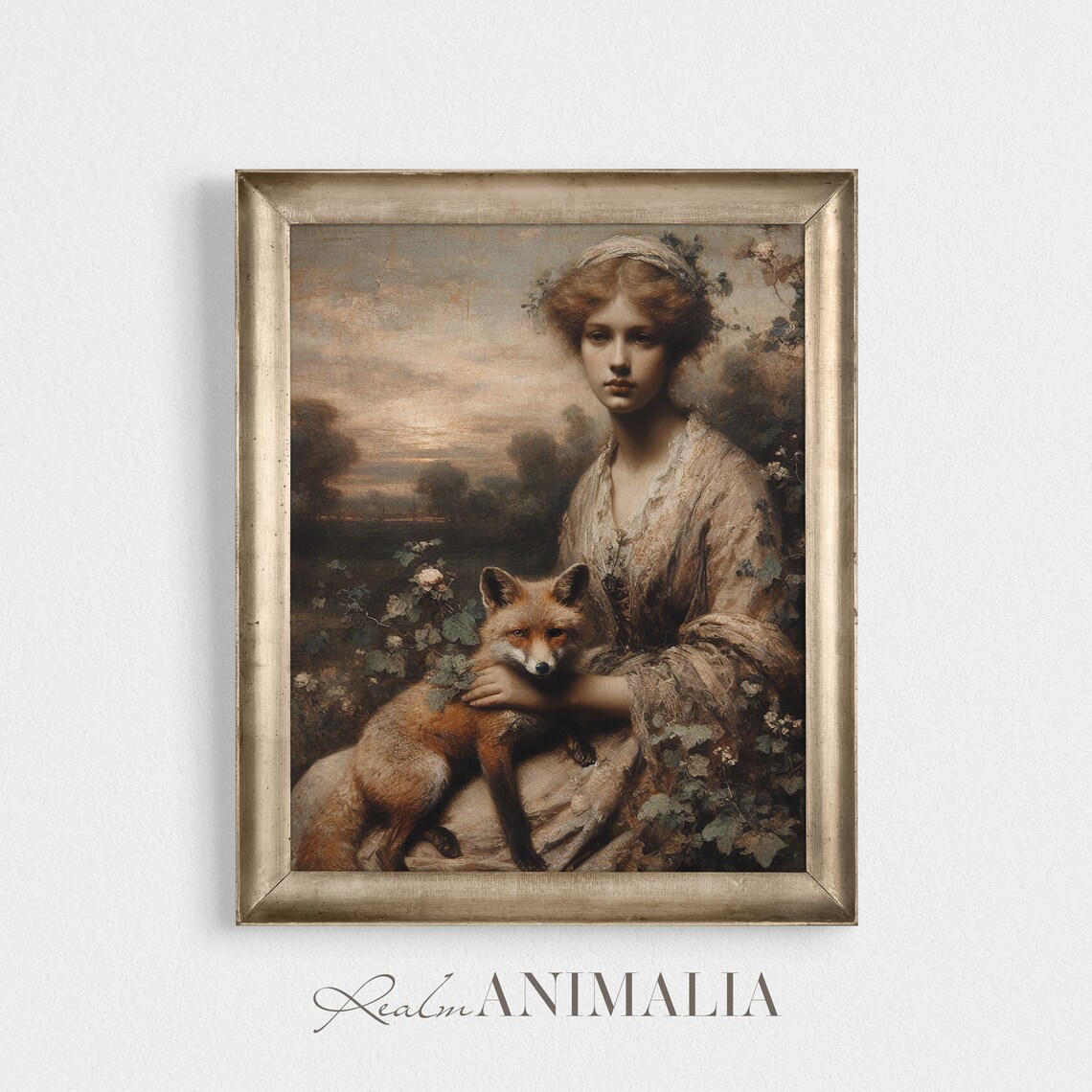 Woman With Fox Vintage Portrait Art Print - Image 4