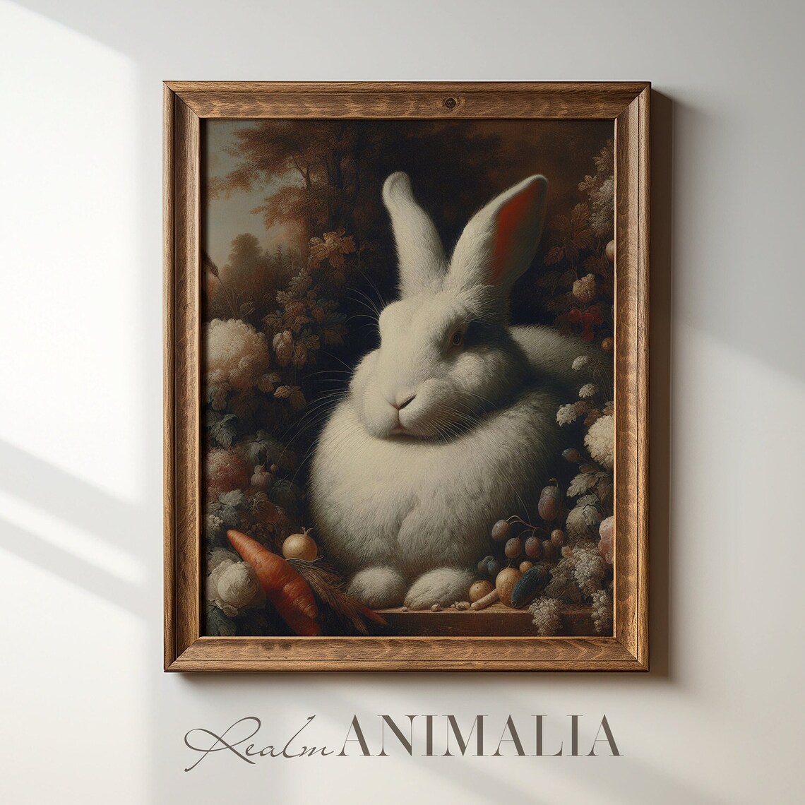 Fluffy White Rabbit Among Garden Vegetables And Flowers Vintage Art Print - Image 4