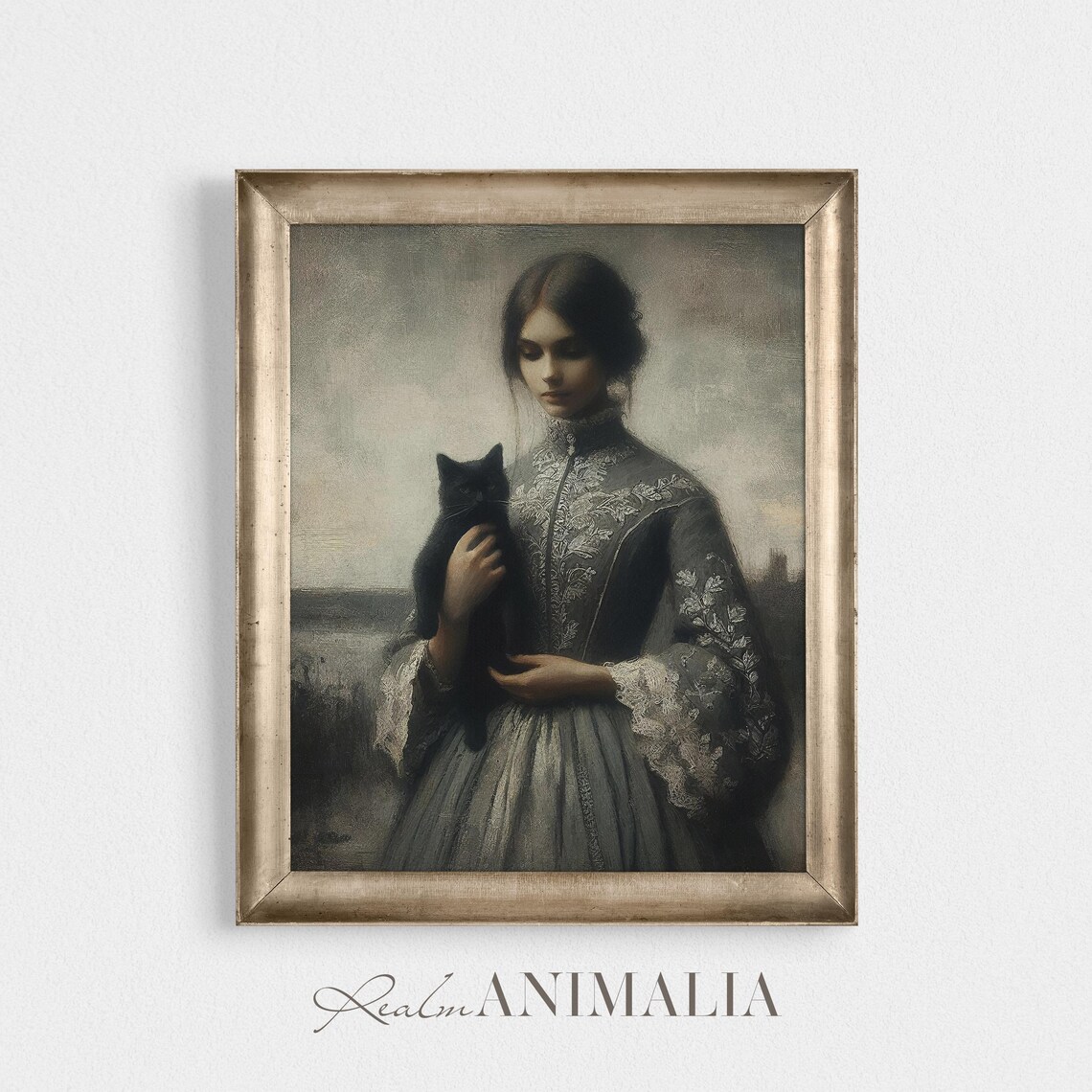 Victorian Woman Holding Black Cat Moody Vintage Portrait Painting Poster - Image 4