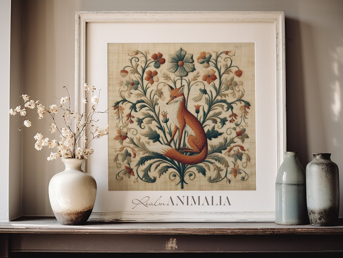 Botanical Fox Vintage Embroidery Art Print - Image 3