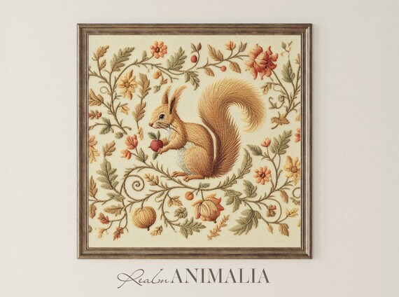Autumn Squirrel Embroidered Textile Art Berry Floral Square Vintage Poster
