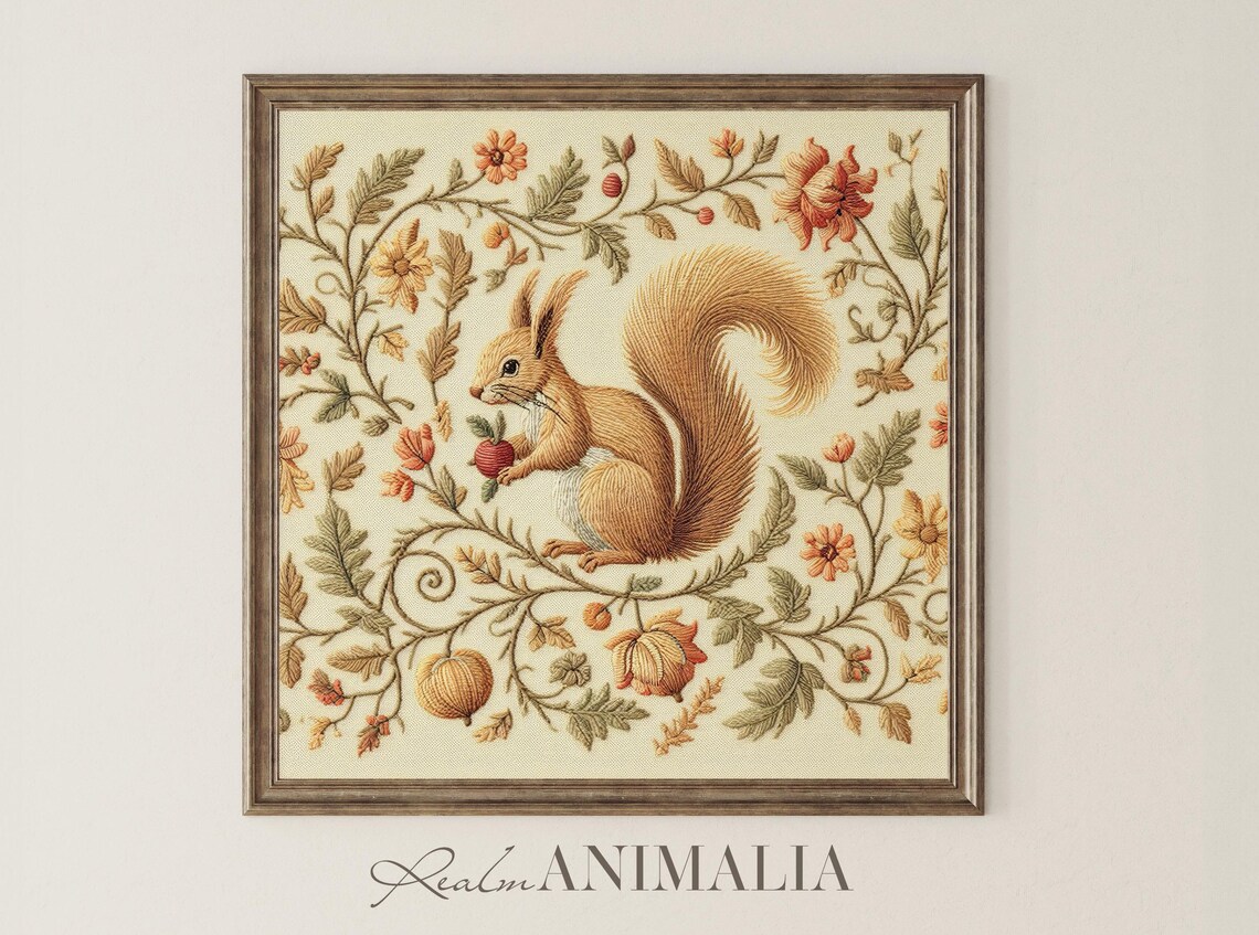 Autumn Squirrel Embroidered Textile Art Berry Floral Square Vintage Poster