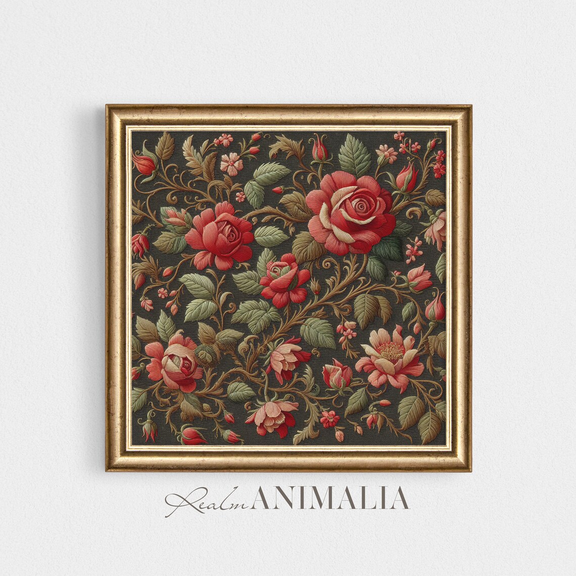 Victorian Red Roses Floral Embroidery Botanical Dark Textile Art Print - Image 4