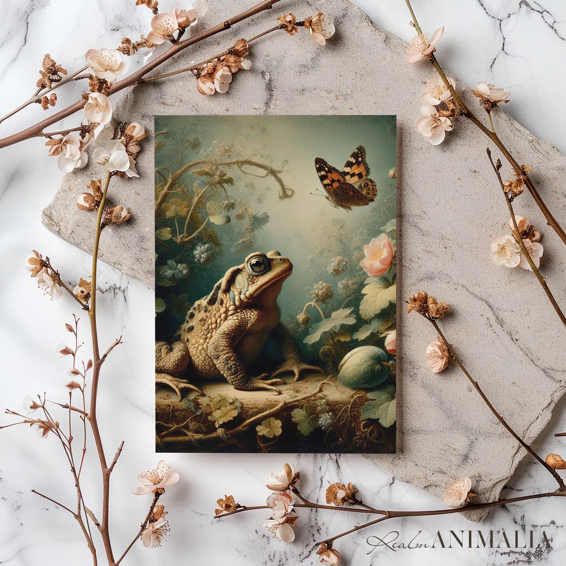 Toad Watching Butterfly On Log Misty Garden Moody Vintage Art Print - Image 3