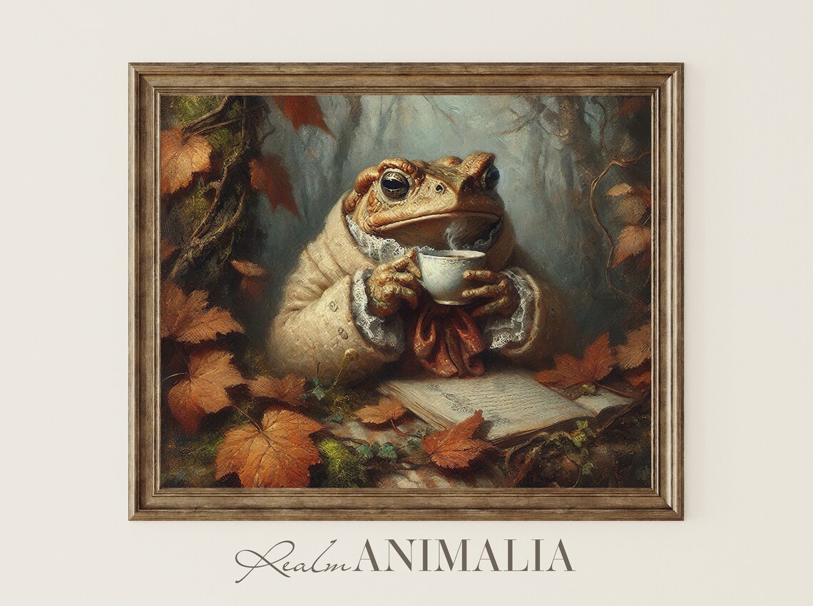Autumn Toad Drinking Coffee, Whimsical Vintage Art Print