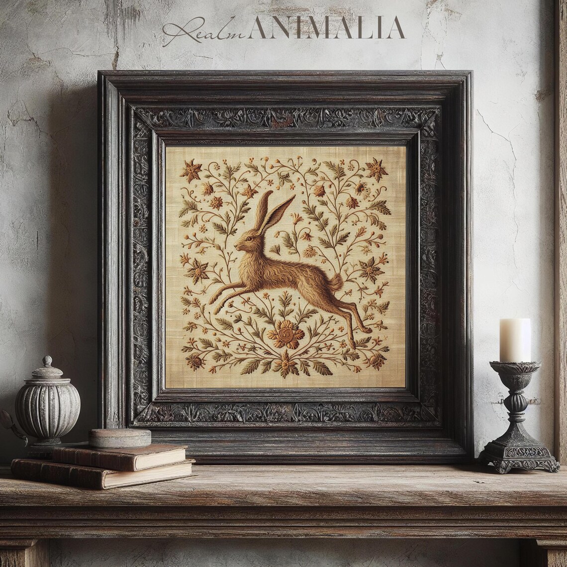 Leaping Hare On Vintage Embroidered Tapestry With Botanical Florals Poster - Image 2