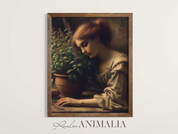 Woman With Basil Vintage Painting Moody Cottagecore Female Portrait Fine Art Print Antique Portrait Hu015