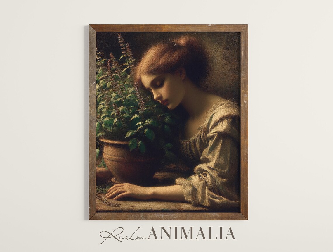 Vintage Woman Smelling Basil Plant Warm Dark Romantic Oil Painting Art Print