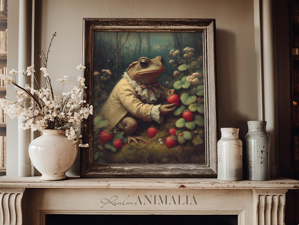 Dressed Toad Picking Ripe Strawberries Whimsical Fairytale Forest Poster - Image 3