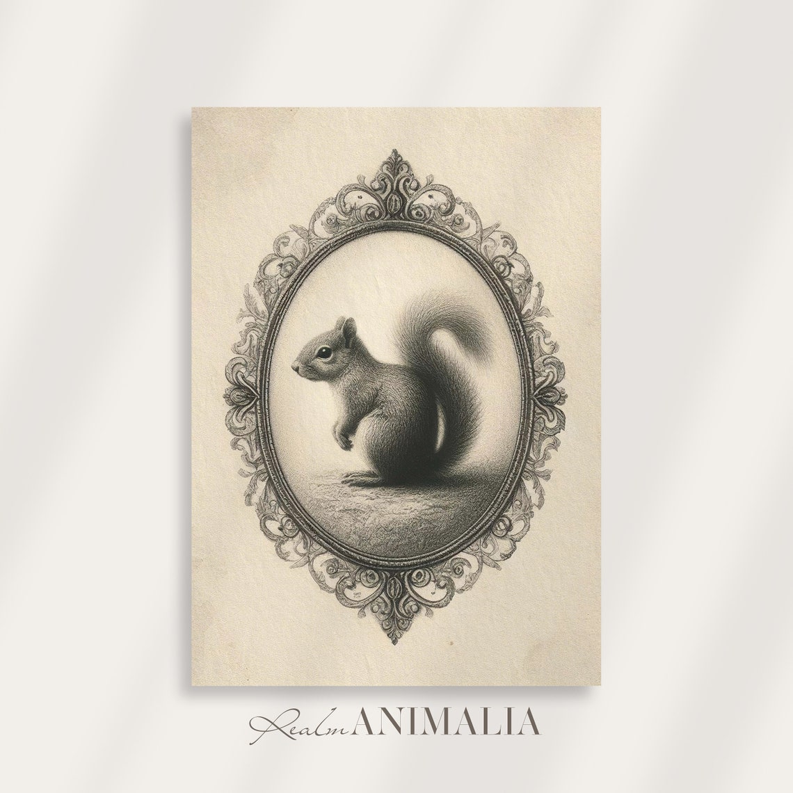 Vintage Squirrel Sketch In Ornate Oval Frame Monochrome Art Poster - Image 4