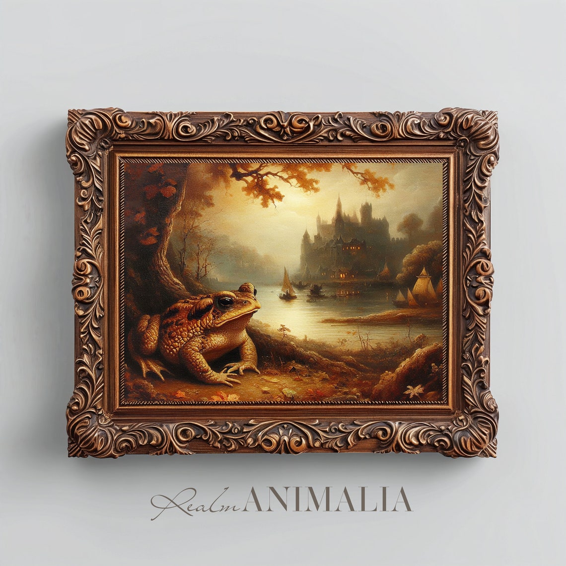 Giant Toad By Misty Lake With Castle Autumn Landscape Fairytale Print - Image 3