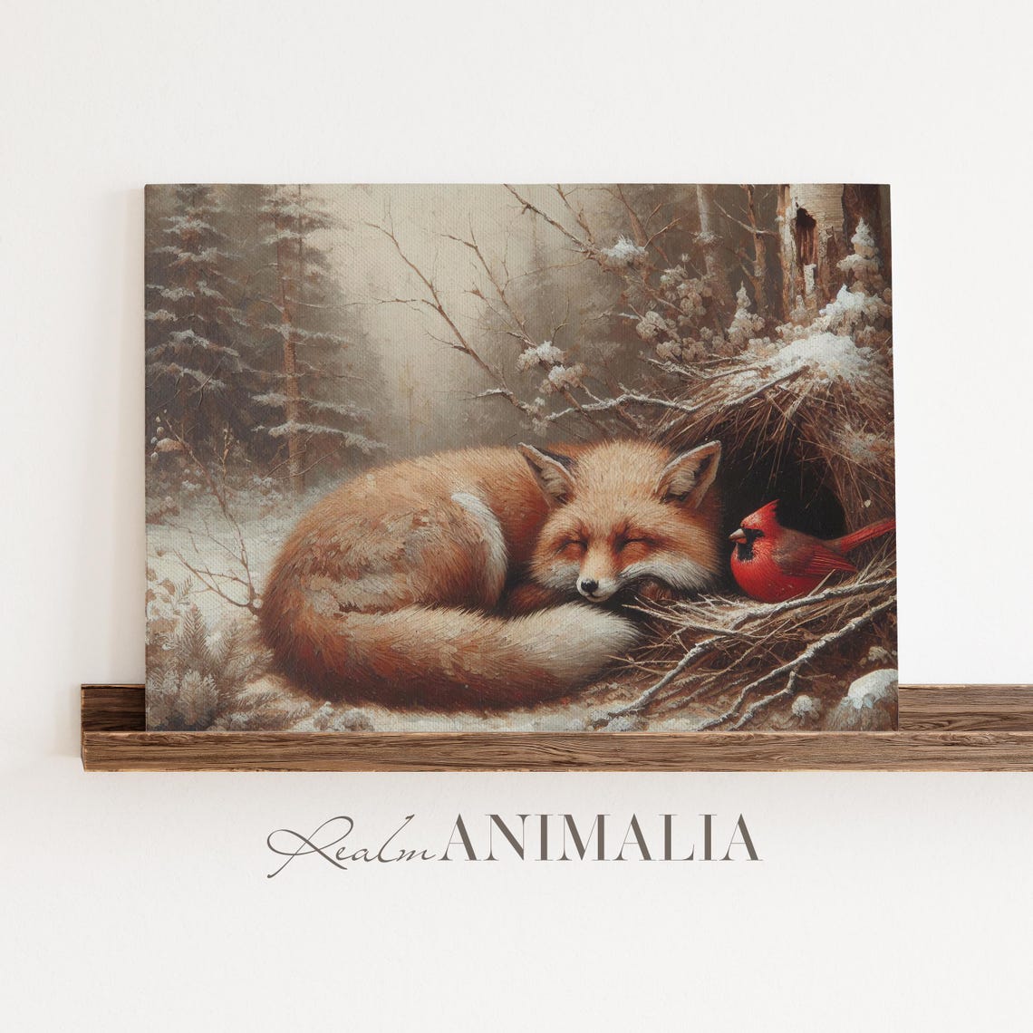 Sleeping Red Fox With Cardinal Bird In Snowy Forest Winter Art Poster - Image 2