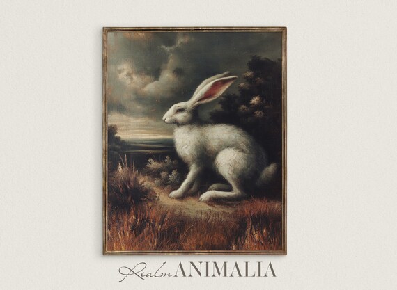 White Rabbit Painting Antique Fall Hare Art Print Vintage Moody Autumn Wall Art Dark Cottagecore Decor Hr008