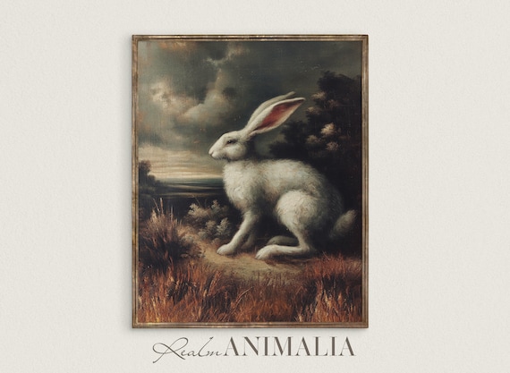 White Rabbit Vintage Oil Painting Moody Autumn Field Stormy Sky Wildlife Poster