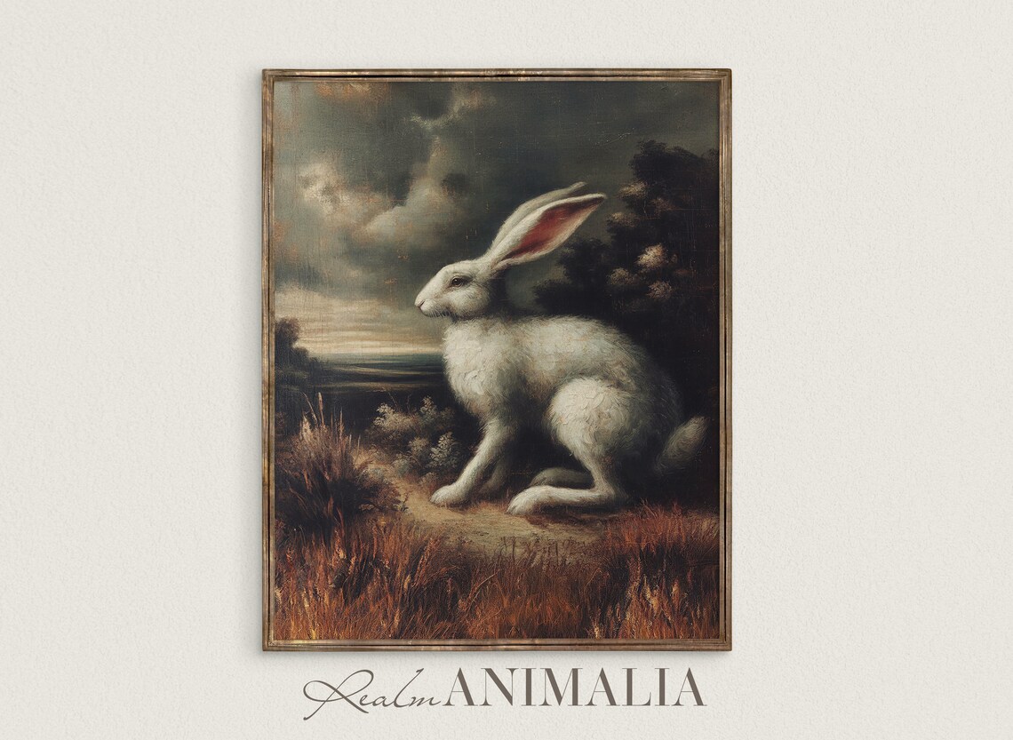 White Rabbit Vintage Oil Painting Moody Autumn Field Stormy Sky Wildlife Poster