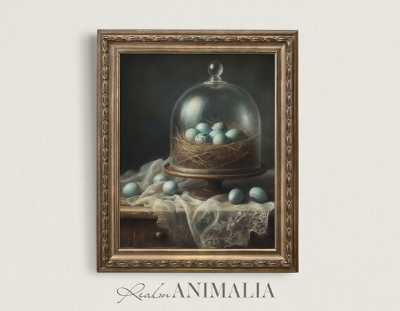 Bird Eggs Cloche Print Moody Vintage Still Life Painting Dark Neutral Wall Art Victorian Cottage Decor Bn001