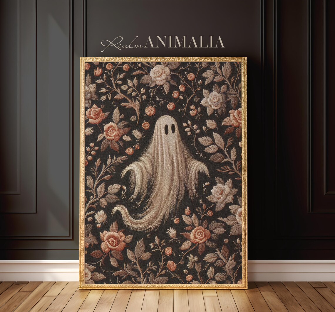 Ghost Among Roses Dense Floral Tapestry Dark Halloween Art Print - Image 3