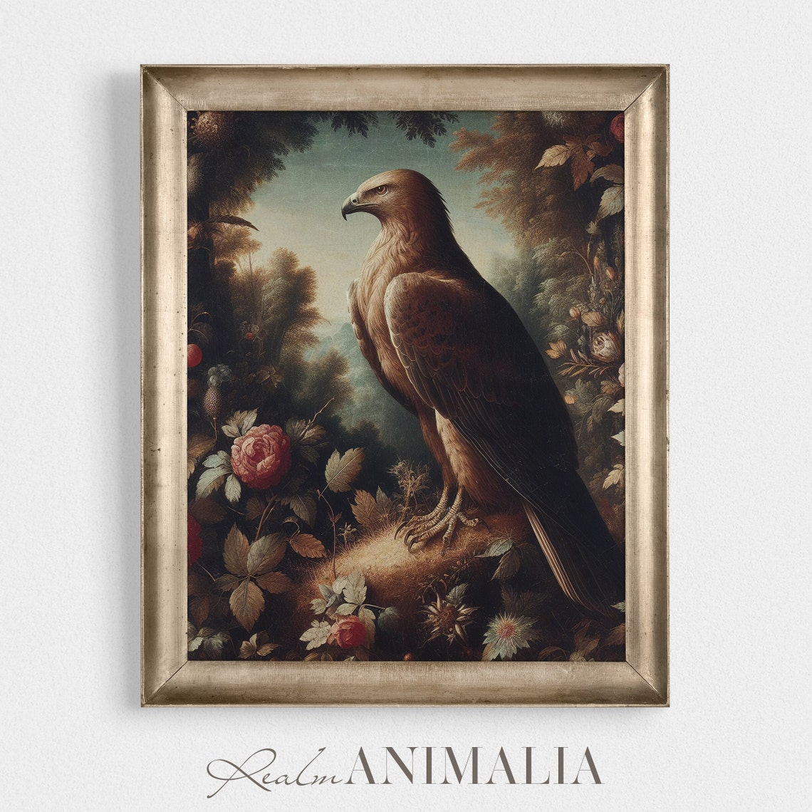 Vintage Hawk Portrait Standing Among Dark Foliage And Red Roses Print - Image 3