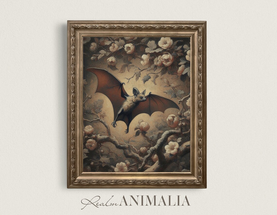 Vintage Neutral Flying Bat Botanical Art Print