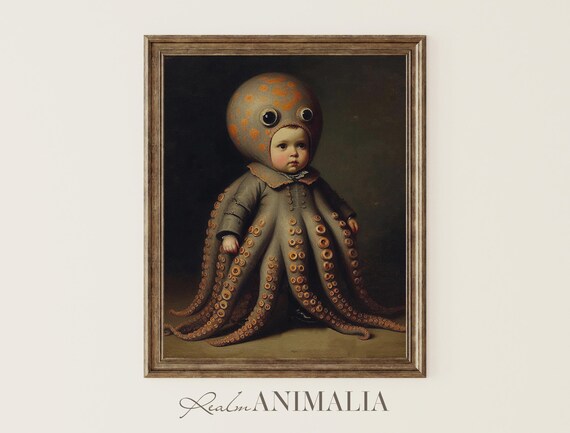 Vintage Child In Octopus Costume Oil Painting Spooky Halloween Art Poster