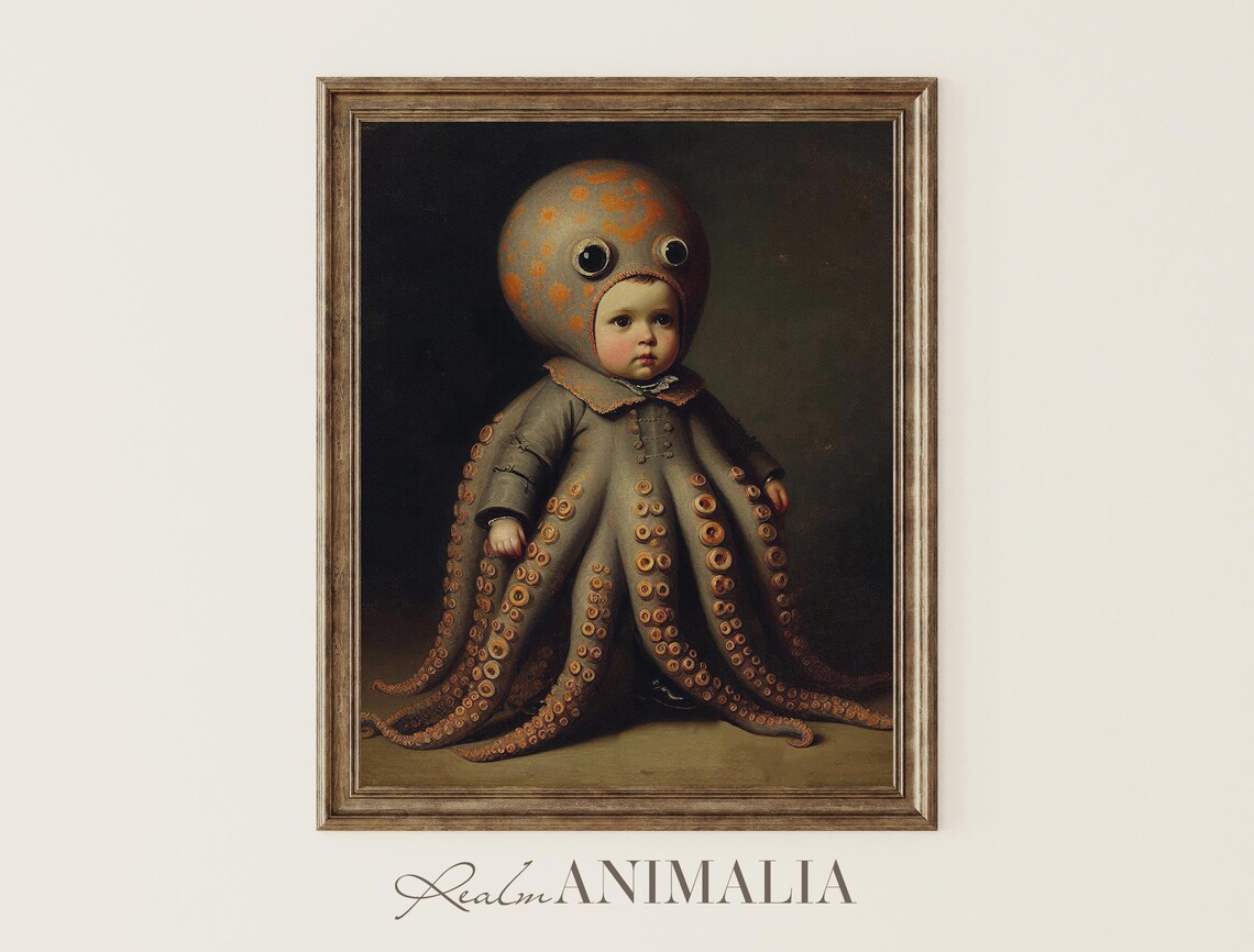 Vintage Child In Octopus Costume Oil Painting Spooky Halloween Art Poster