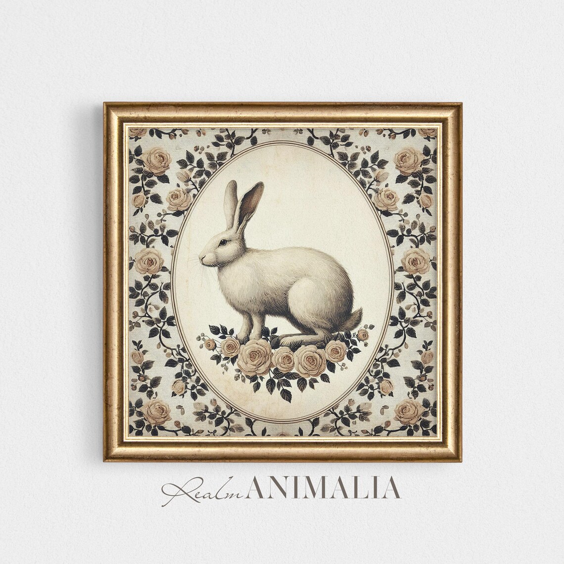 White Rabbit In Oval Medallion Light Rose Floral Tapestry Vintage Poster - Image 4