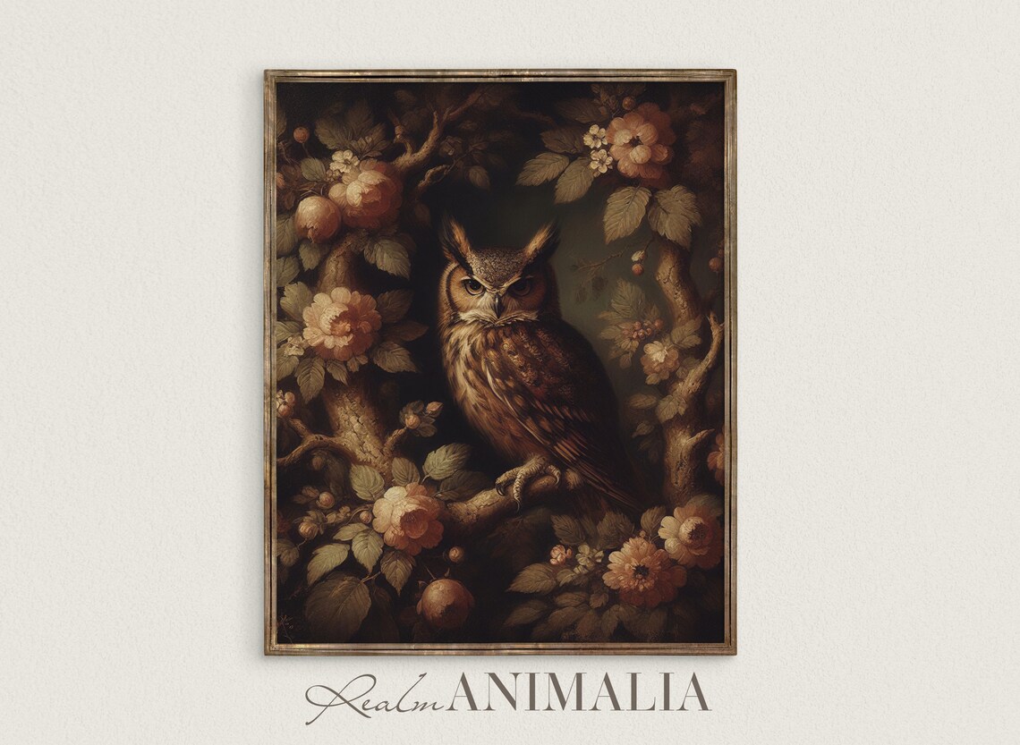 Vintage Moody Owl Art Print, Cottagecore Owl Decor