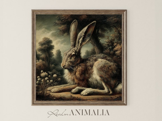 Vintage Hare Resting In Woodland Landscape Moody Old Master Style Art Poster