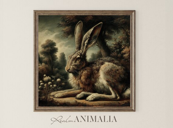 Vintage Rabbit Painting Square Antique Rabbit Wall Art Painting Moody Cottage Hare Fine Art Print Hr002