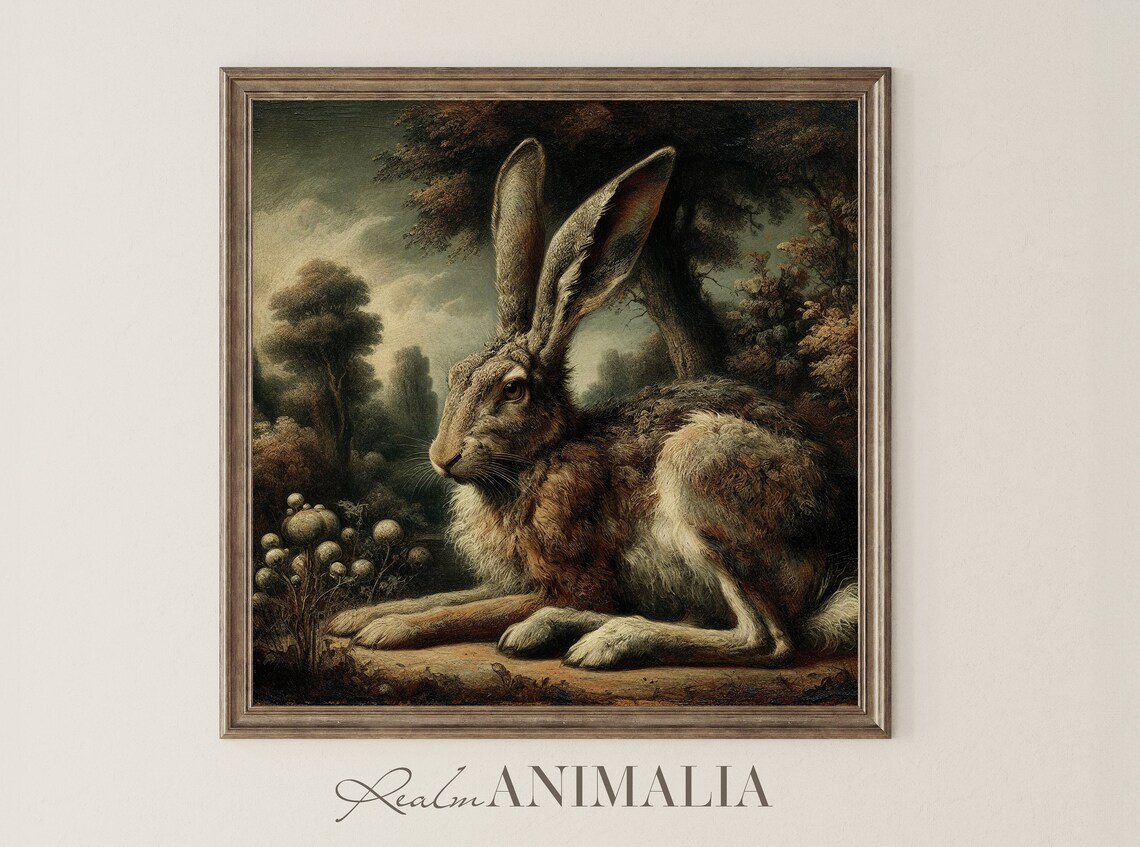 Vintage Hare Resting In Woodland Landscape Moody Old Master Style Art Poster