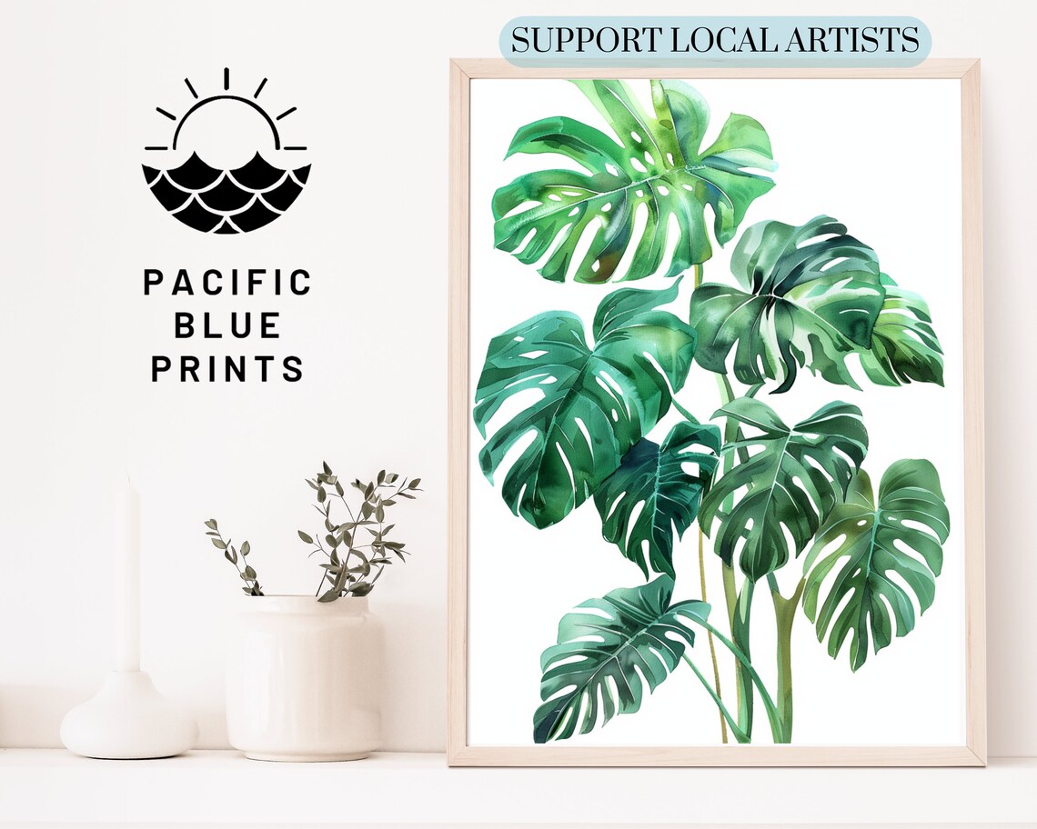 Green Monstera Leaves Watercolor Tropical Plant Botanical Wall Poster - Image 3