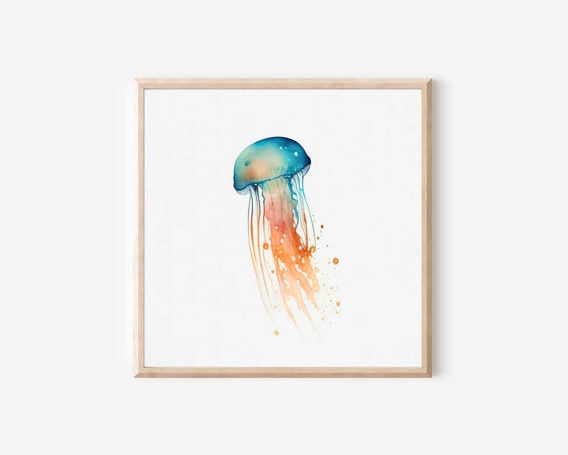 Jellyfish Watercolor Teal Orange Minimalist Ocean Animal Wall Poster