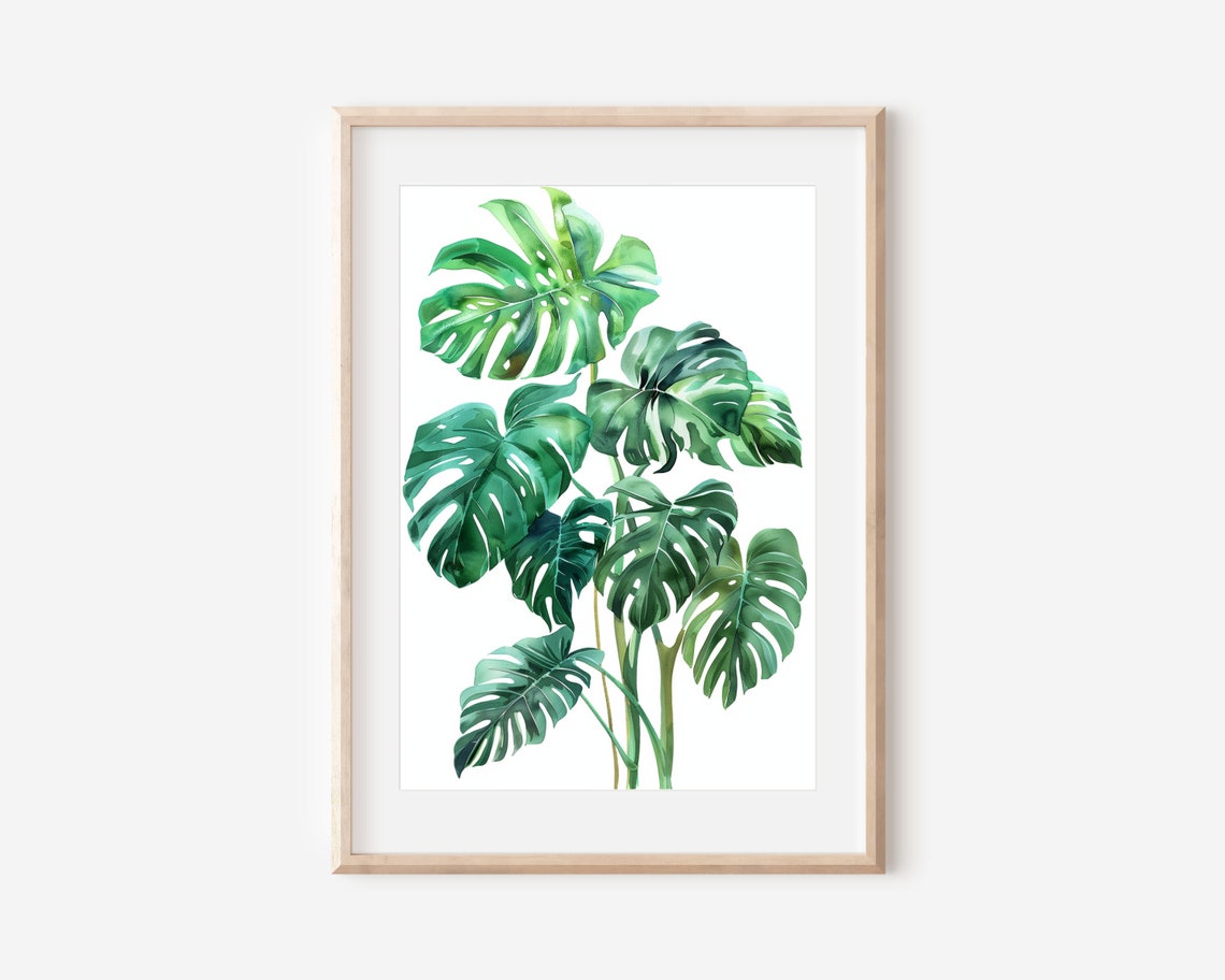 Green Monstera Leaves Watercolor Tropical Plant Botanical Wall Poster - Image 2