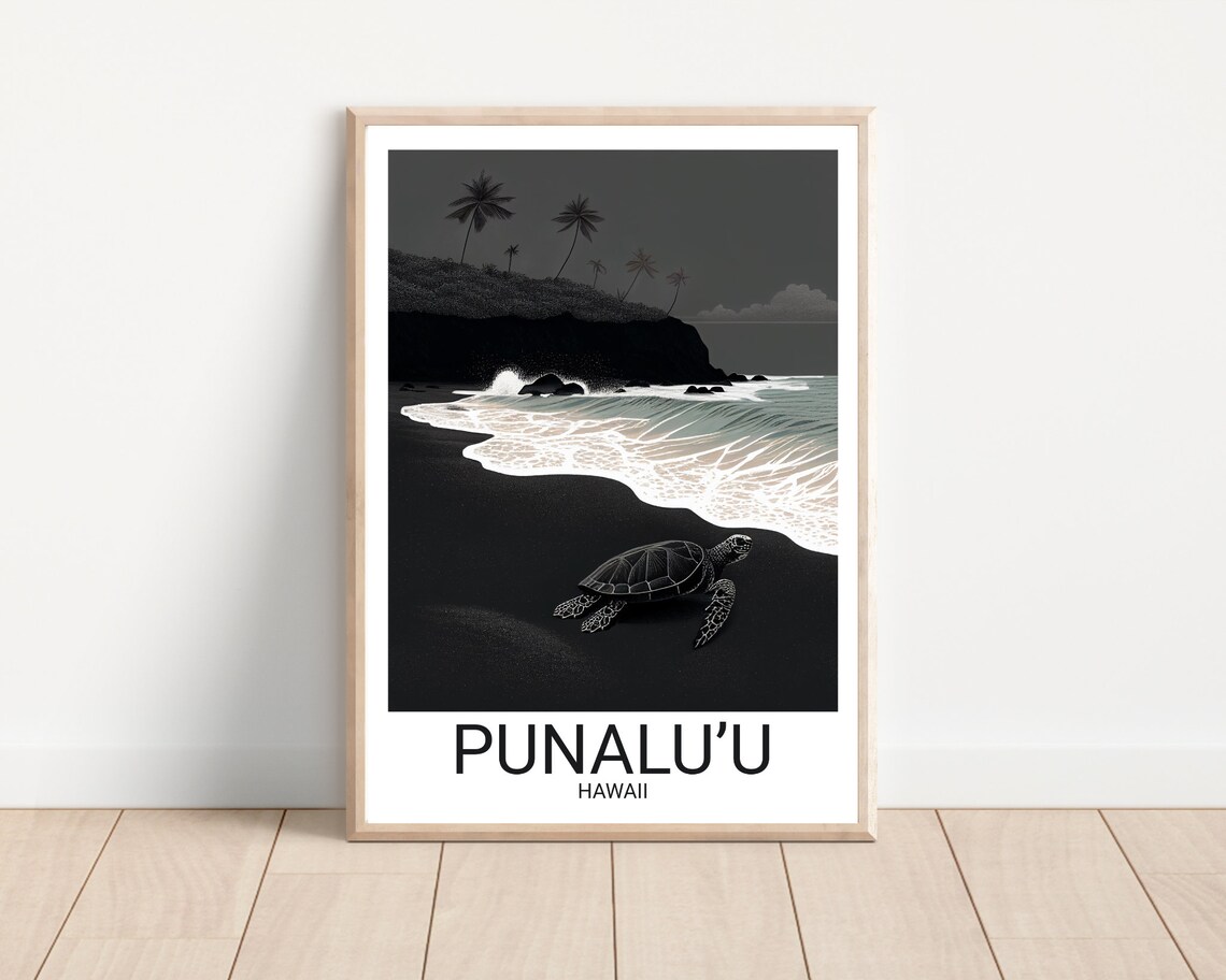 Punaluu Hawaii Black Sand Beach Sea Turtle Night Travel Poster