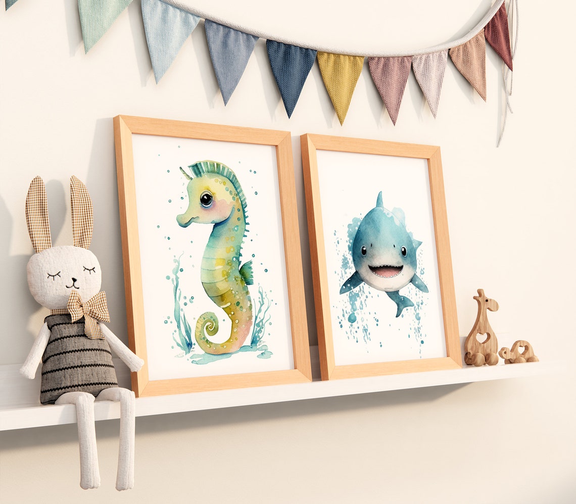 Watercolor Nursery Kawaii Shark Cute Nursery Animal Art Baby Animal Nursery Painting Art For Babies Gifts For Newborns - Image 4