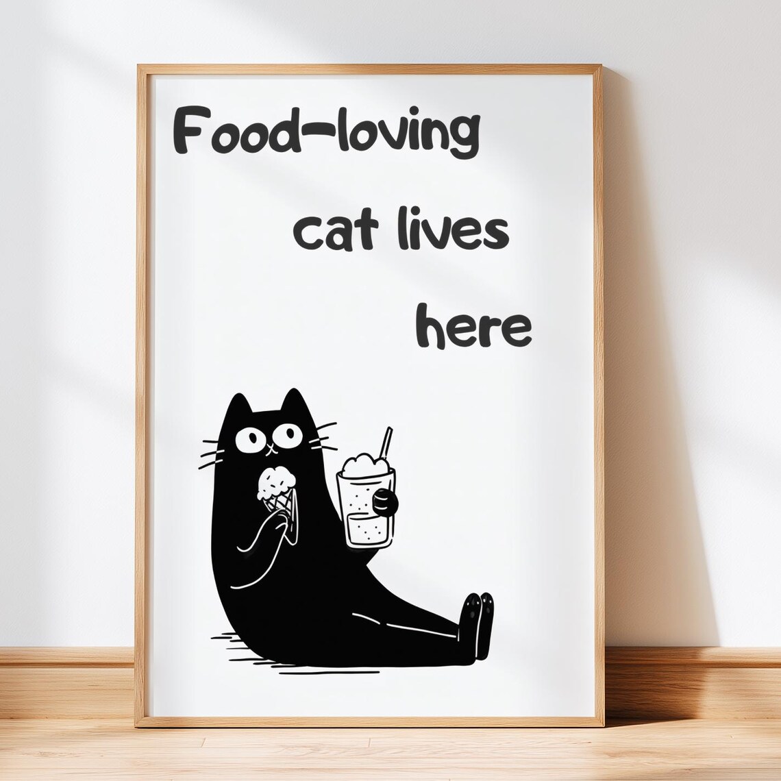 Food Loving Cat Lives Here Funny Black Cat Cartoon Illustration Poster