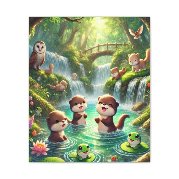 Otters At Play Forest Waterfall Whimsical Cute Animal Kids Poster