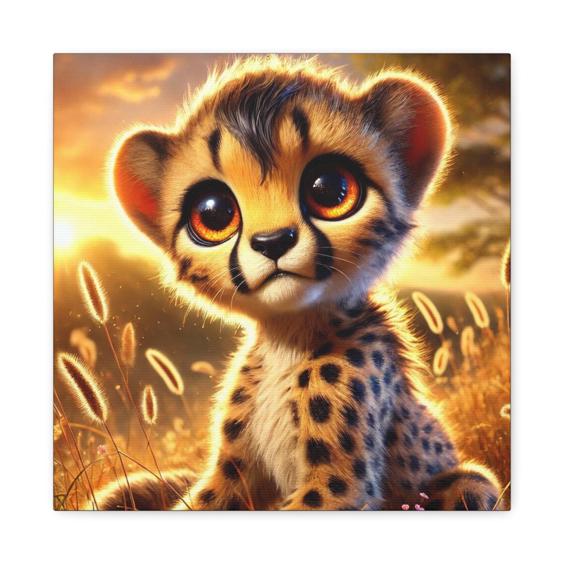 Cute Baby Cheetah Cub Golden Sunset Savanna Grass Kids Poster