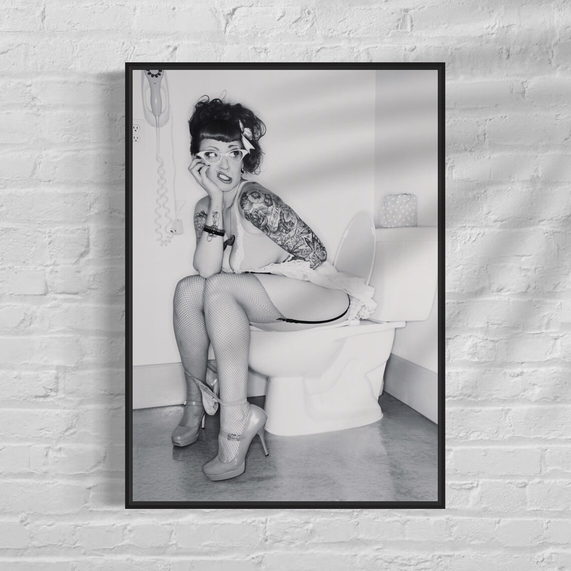 Tattooed Pin Up Girl on Toilet Cheeky Black White Photo Poster