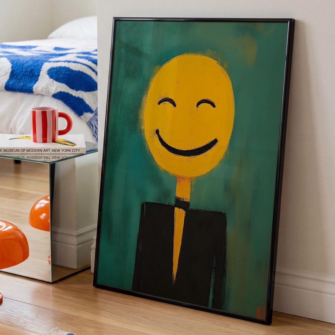 Yellow Smiley Face Abstract Stick Figure Teal Green Quirky Art Poster