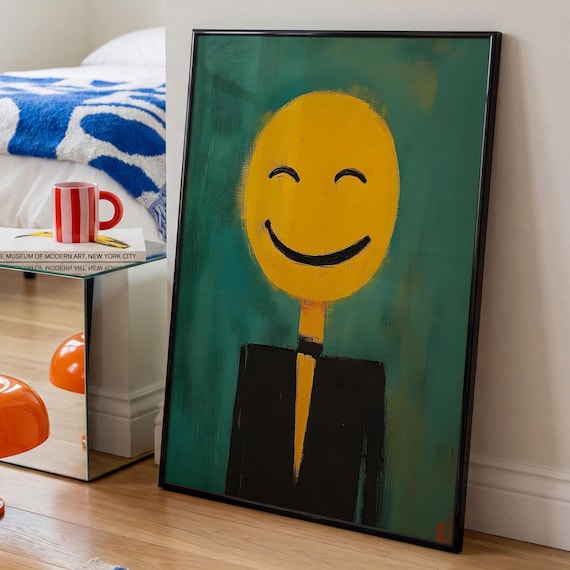 Yellow Smiley Face Abstract Stick Figure Teal Green Quirky Art Poster