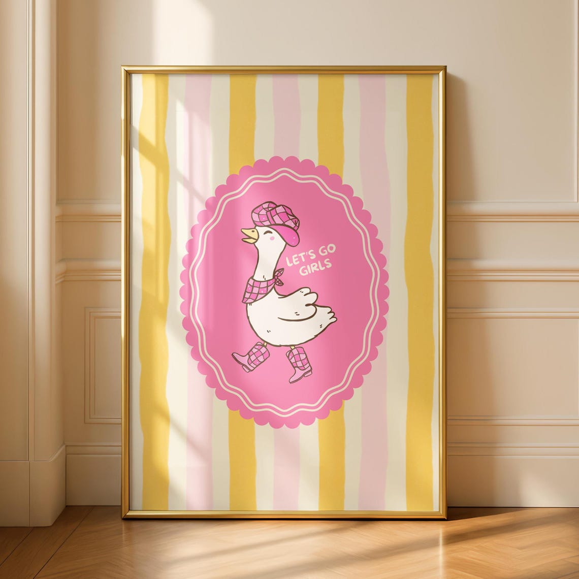 Lets Go Girls Cute Goose Pink Rain Boots Striped Fun Quote Poster